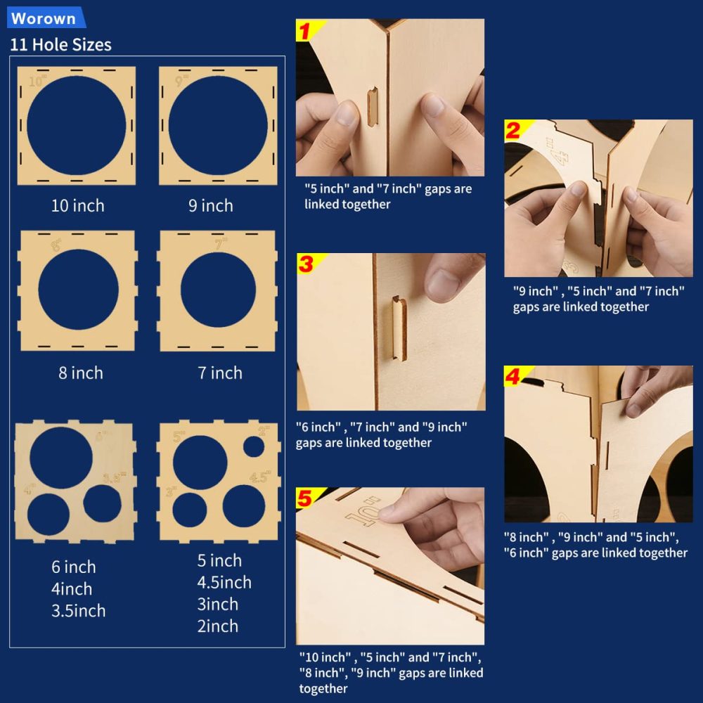 Worown 11 Holes Collapsible Wood Balloon Sizer Box Cube, Balloon Size Measurement Tool for Balloon Arches (2-10 Inch) - Image 4