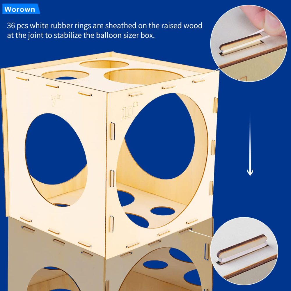 Worown 11 Holes Collapsible Wood Balloon Sizer Box Cube, Balloon Size Measurement Tool for Balloon Arches (2-10 Inch) - Image 5