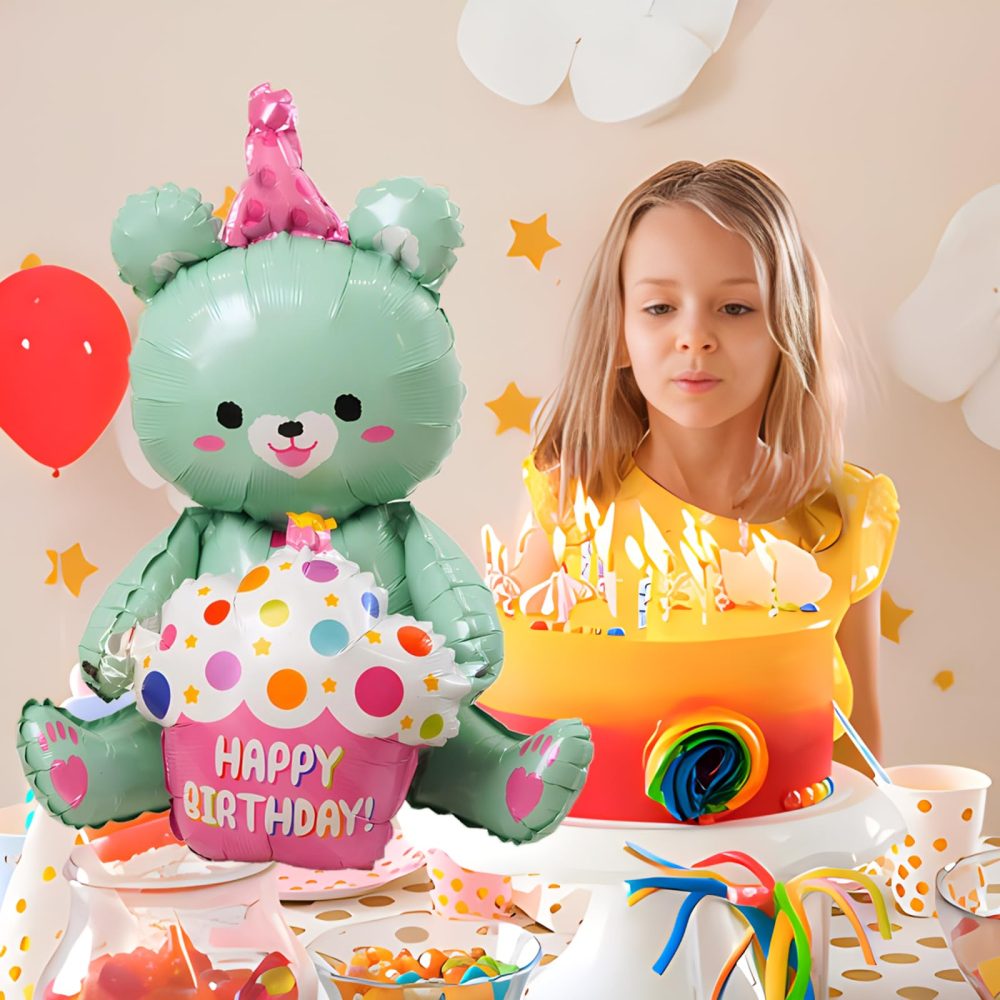 LHLZNB birthday decoration balloon jumbo happy birthday balloons，birthday decoration，party decorations，Freestanding birthday balloon in gold，Colourful and unique (Green Cake Bear) - Image 3