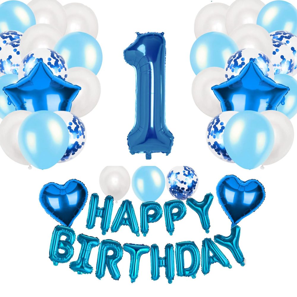 Blue 1st Birthday Decorations for Boys, Happy Birthday Foil Balloons Number 1 Balloons Set with Happy Birthday Banners for Girls Boys 1st Birthday Baby Shower Decorations