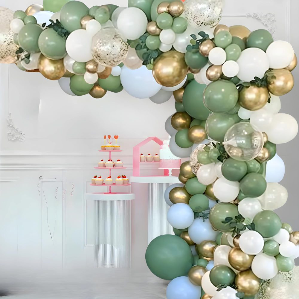 Afa 150 Pcs Sage Green Balloon Arch Kit - Multiple Sized Metallic Gold, White and Confetti Balloons for Baby Shower, Birthday, Parties