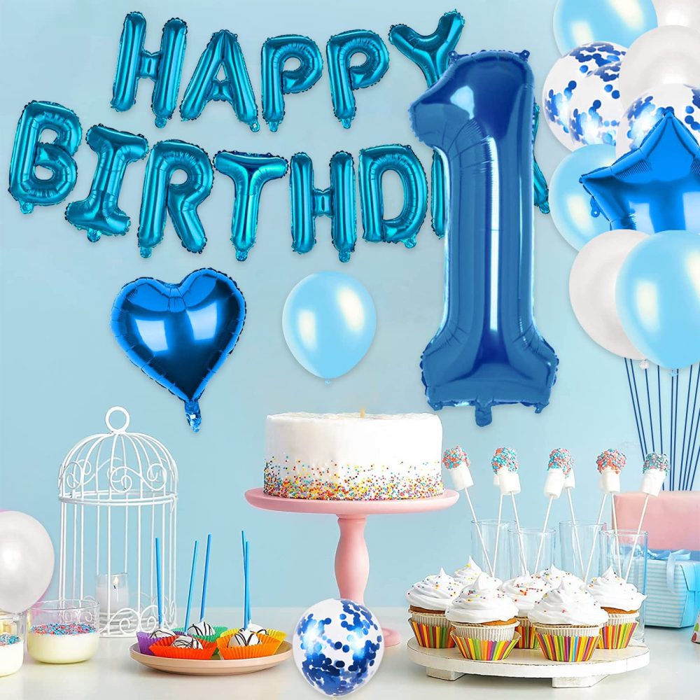 Blue 1st Birthday Decorations for Boys, Happy Birthday Foil Balloons Number 1 Balloons Set with Happy Birthday Banners for Girls Boys 1st Birthday Baby Shower Decorations - Image 3