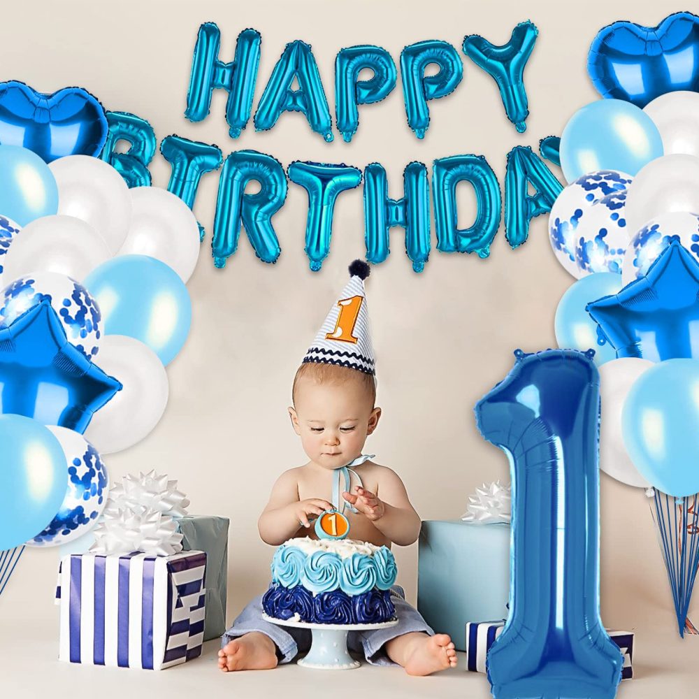 Blue 1st Birthday Decorations for Boys, Happy Birthday Foil Balloons Number 1 Balloons Set with Happy Birthday Banners for Girls Boys 1st Birthday Baby Shower Decorations - Image 2