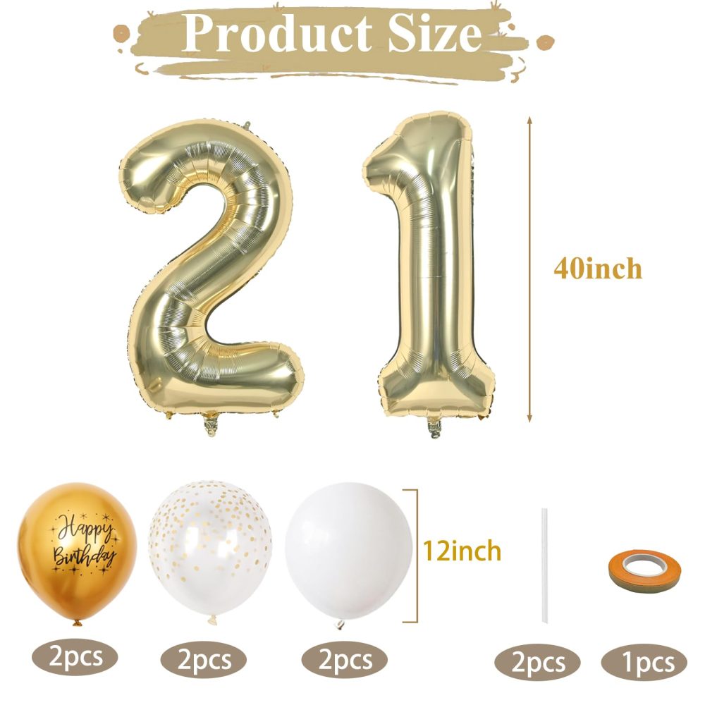 Number 21 balloons Light Gold，21 Balloons Birthday Boy Girl,40Inch Foil Number 1 & 2 Balloons with 6 Light Gold Metal and Confetti Helium Balloons for 21th 12th Year Old Birthday Decorations - Image 4