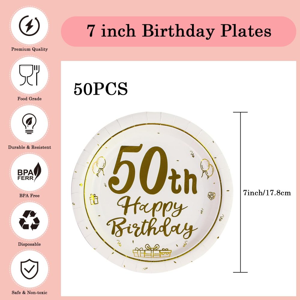 AHPYEUHK 50th Birthday Paper Plates 7" Party Dessert Plates 50 pcs White and Gold 50th Decorations Disposable Tableware Party Supplies - Image 7