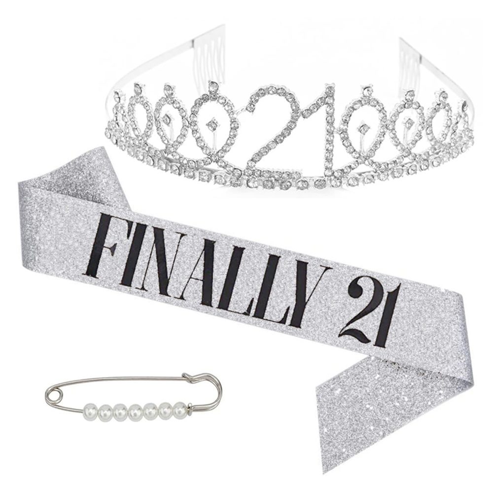 21st Birthday Sash - Silver 21st Birthday Sash And Tiara Pearl Pins, 21 Sash Birthday Sash, 21st Birthday Sash For Her, Girls 21st Birthday Gifts, 21st Birthday Decorations For Her Tiara