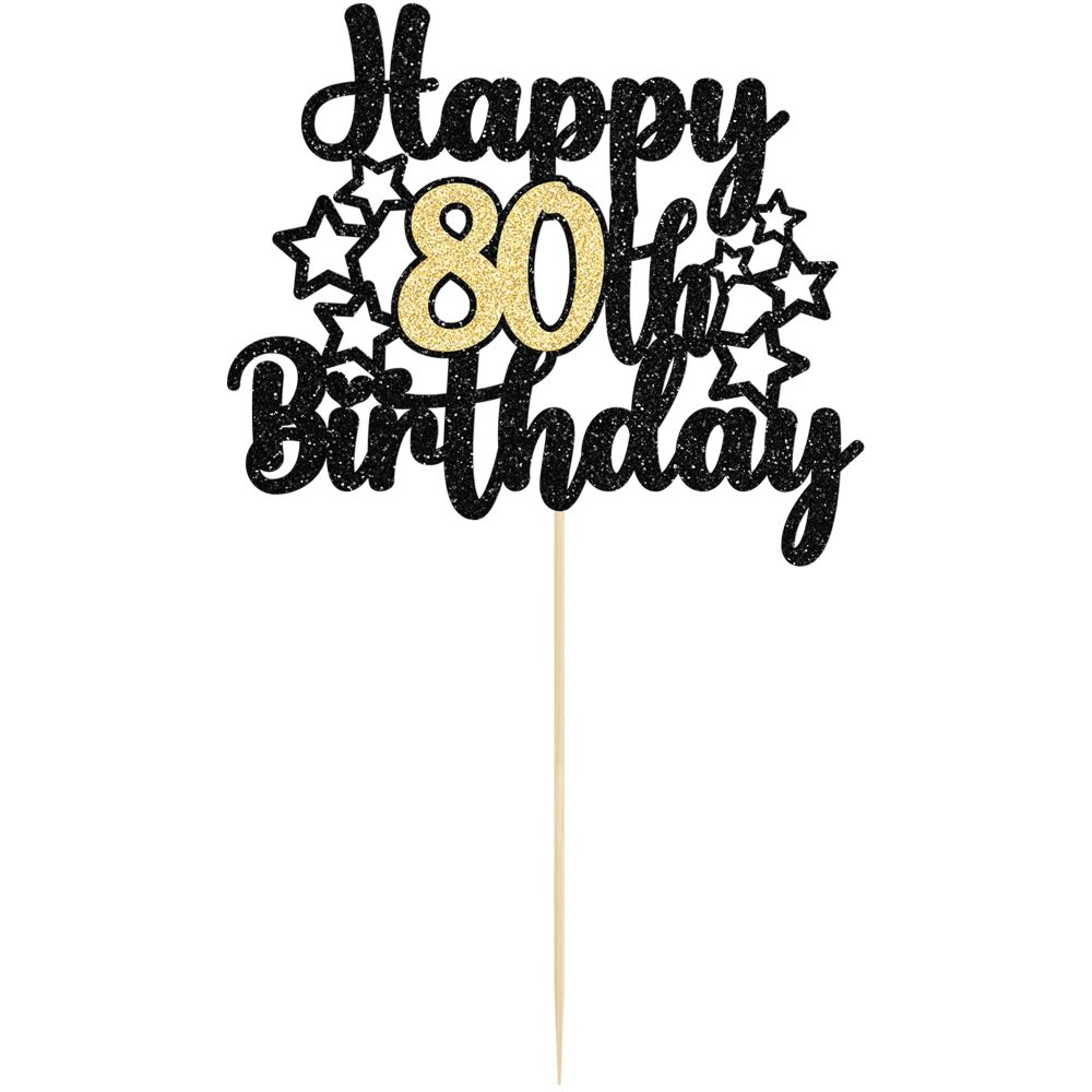 Gyufise 1Pc Happy 80th Birthday Cake Topper Happy 80th Birthday Cake Decoration for 80 & Fabulous Birthday Hello 80 Party Anniversary Party Cake Decorations Supplies Black Gold Glitter - Image 6