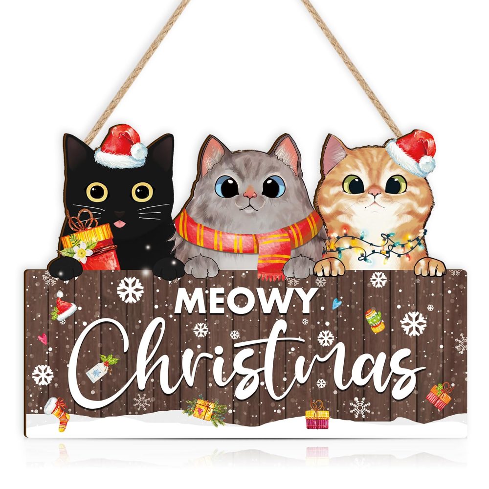 KAIRNE Cats Merry Christmas Wall art Merry Christmas Decor for Christmas Wooden Sign Decorations,Xmas Candy Canes Wall Art,Winter Party Hanging Sign for Home Festival Porch Front Door Decor Gift