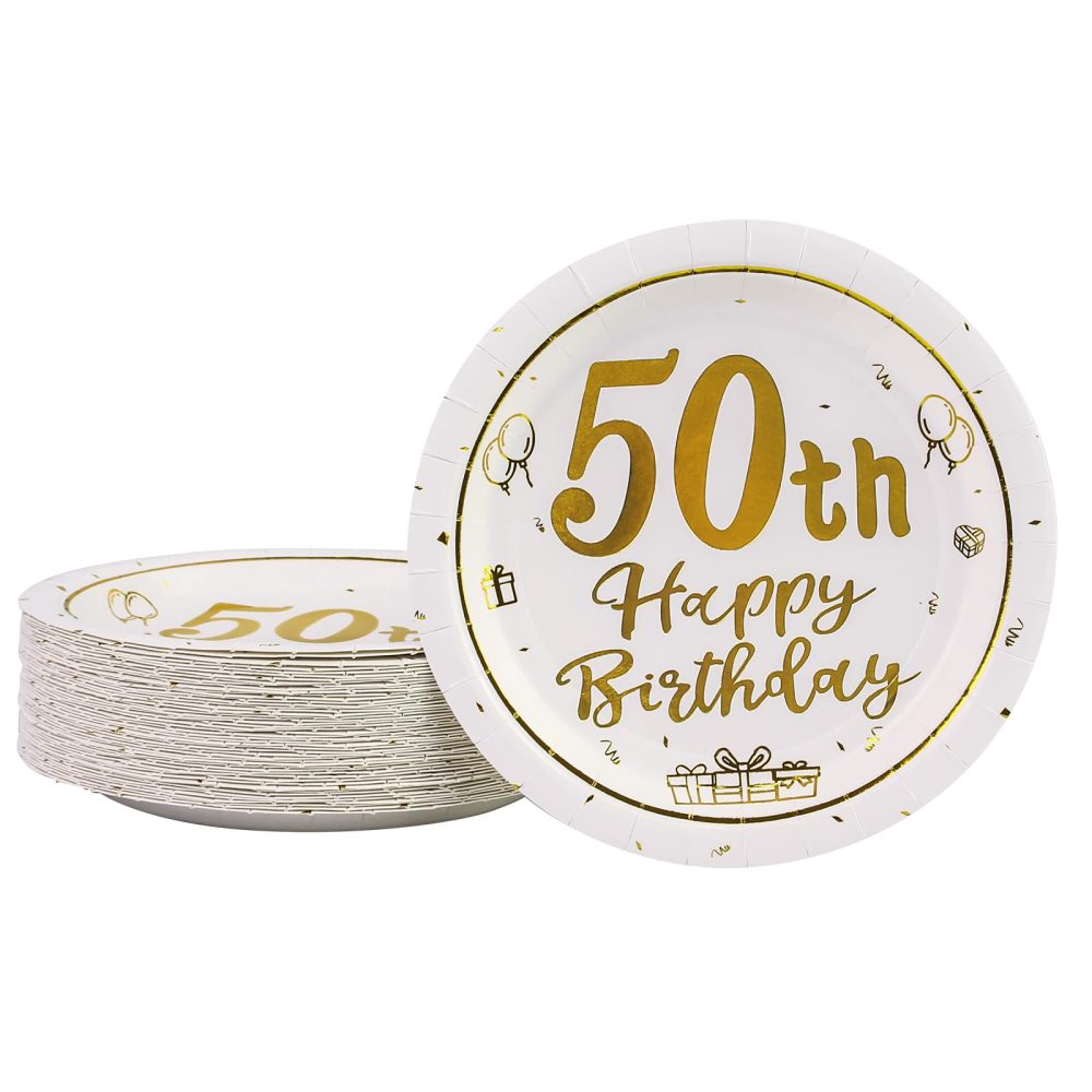 AHPYEUHK 50th Birthday Paper Plates 7" Party Dessert Plates 50 pcs White and Gold 50th Decorations Disposable Tableware Party Supplies