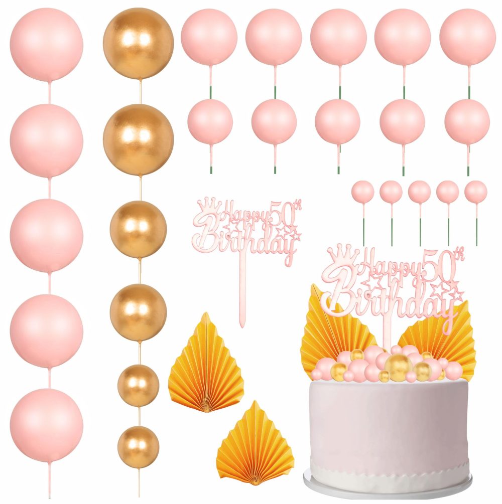 29Pcs Pink and Gold Cake Decorations for 50th Cake Topper,Pink and Gold Foam Balls Palm Leaves Cake Toppers Cake Toppers for Happy Rose 50th Birthday Anniversary Her Women Party Supplies