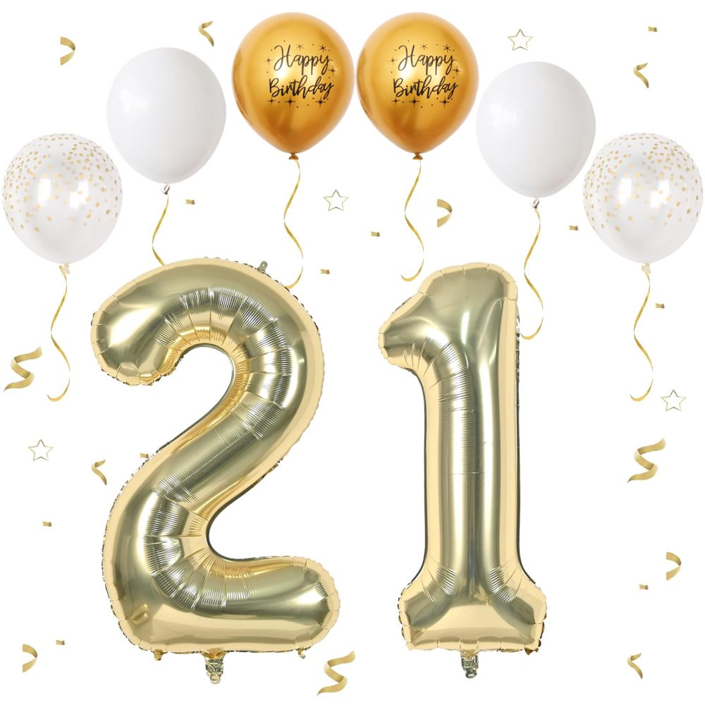 Number 21 balloons Light Gold，21 Balloons Birthday Boy Girl,40Inch Foil Number 1 & 2 Balloons with 6 Light Gold Metal and Confetti Helium Balloons for 21th 12th Year Old Birthday Decorations