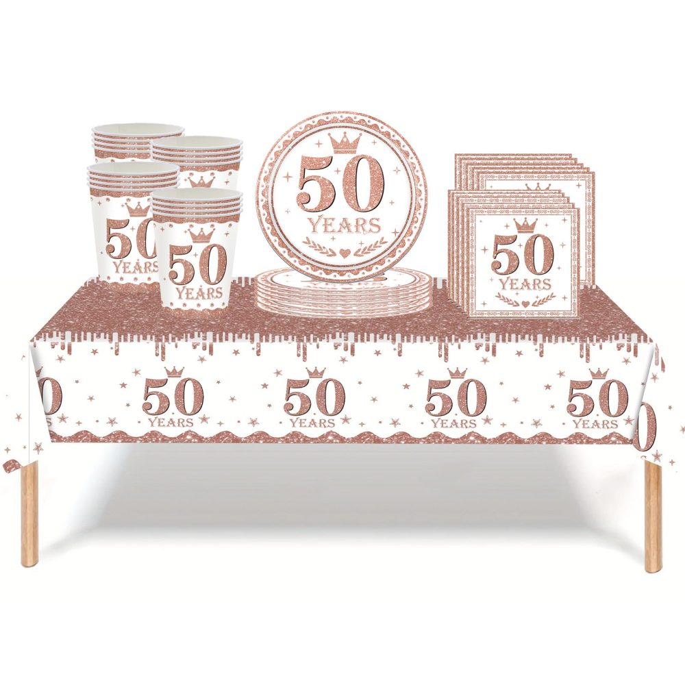 53Pcs Rose Gold 50th Birthday Party Tableware Decorations,50th Birthday Table Cloth Plates and Napkins Cups Sets for Her Women Birthday Table Decorations for 50th Birthday Gifts Dinnerware Supplies