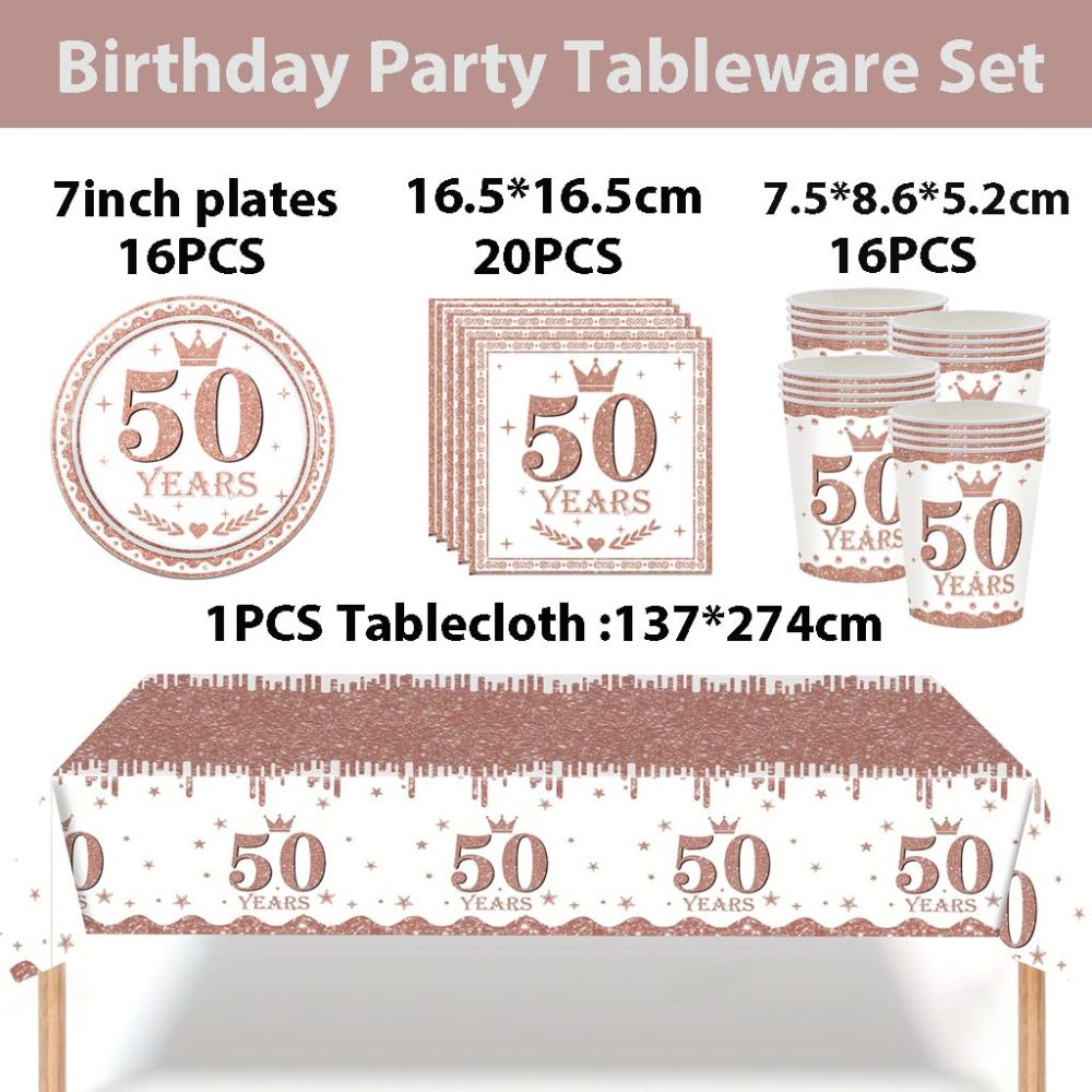 53Pcs Rose Gold 50th Birthday Party Tableware Decorations,50th Birthday Table Cloth Plates and Napkins Cups Sets for Her Women Birthday Table Decorations for 50th Birthday Gifts Dinnerware Supplies - Image 5