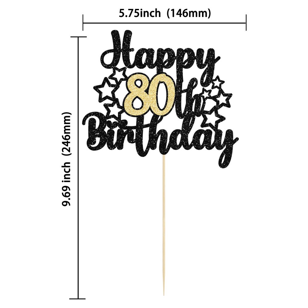 Gyufise 1Pc Happy 80th Birthday Cake Topper Happy 80th Birthday Cake Decoration for 80 & Fabulous Birthday Hello 80 Party Anniversary Party Cake Decorations Supplies Black Gold Glitter - Image 7