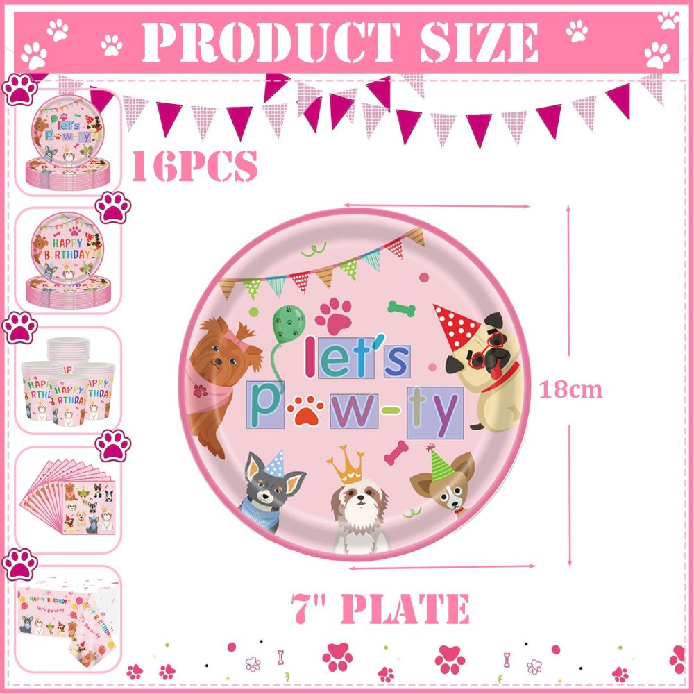 16p Paw Print Puppy Dog Birthday Paper Plates 7" Pink,Girl Dog Birthday Disposable Dinnerwarer Plates,Pet Dog Party Tableware Paper Plates for Girl Puppy Dogs Theme Birthday Party Decorations Supplies - Image 3