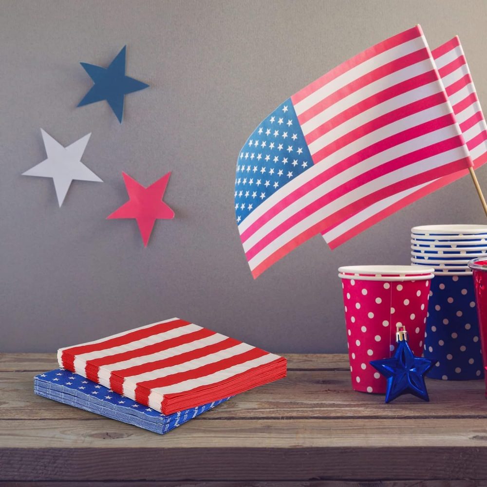 American Party Decorations 96Pcs American Flag Napkins Red White and Blue Paper Napkins Stars and Strips Cocktail Napkins for Veterans Day Election 4th of July Independence Day Decorations (Blue) - Image 3