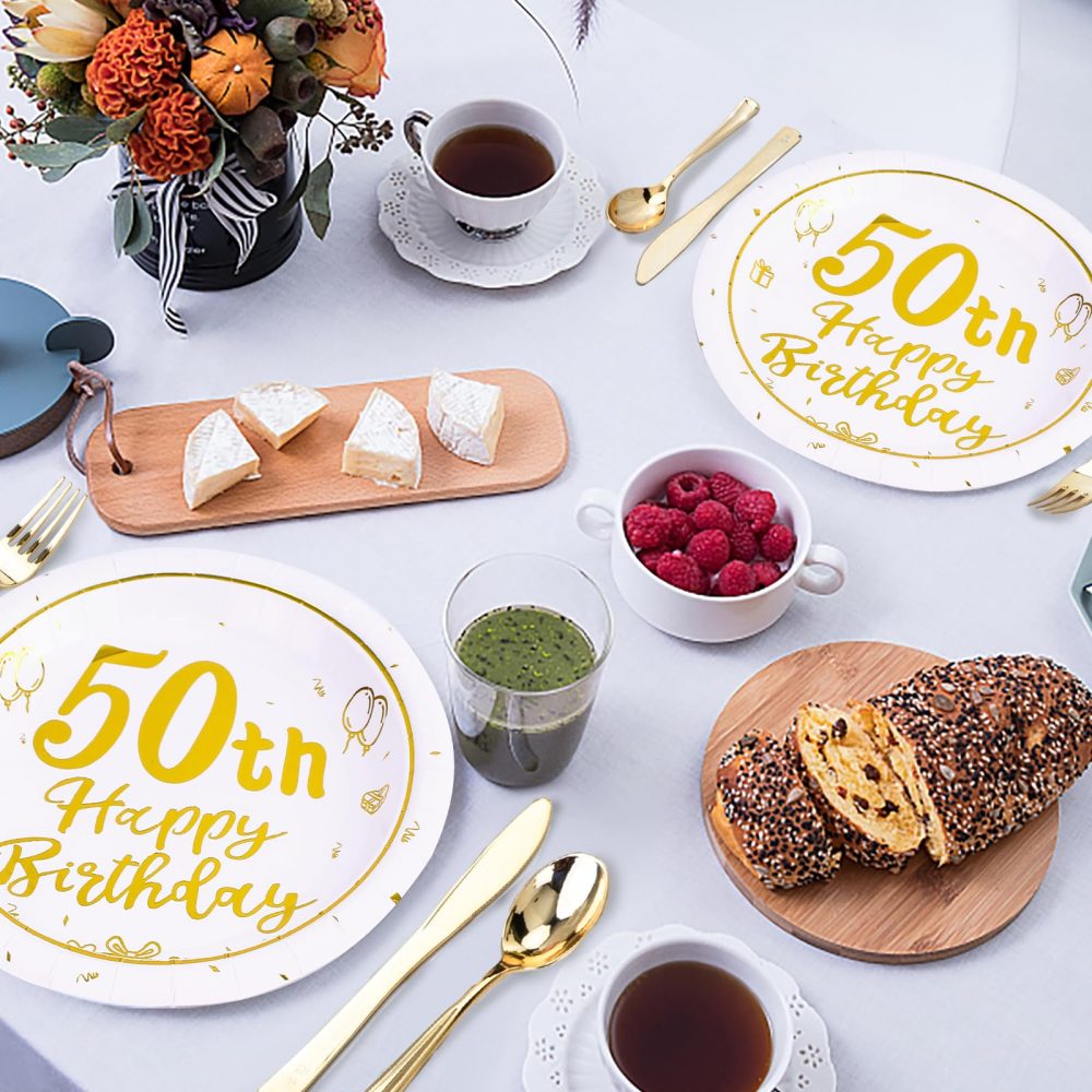 AHPYEUHK 50th Birthday Paper Plates 7" Party Dessert Plates 50 pcs White and Gold 50th Decorations Disposable Tableware Party Supplies - Image 3