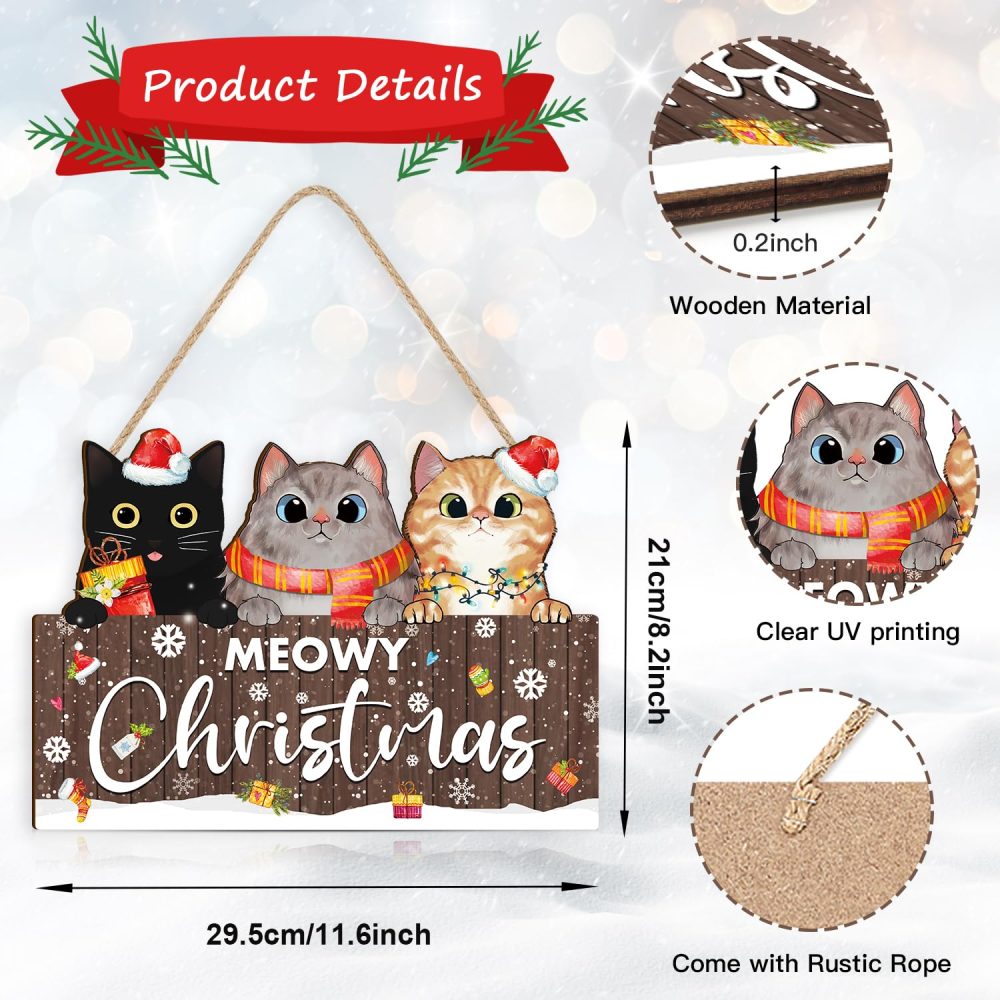 KAIRNE Cats Merry Christmas Wall art Merry Christmas Decor for Christmas Wooden Sign Decorations,Xmas Candy Canes Wall Art,Winter Party Hanging Sign for Home Festival Porch Front Door Decor Gift - Image 2