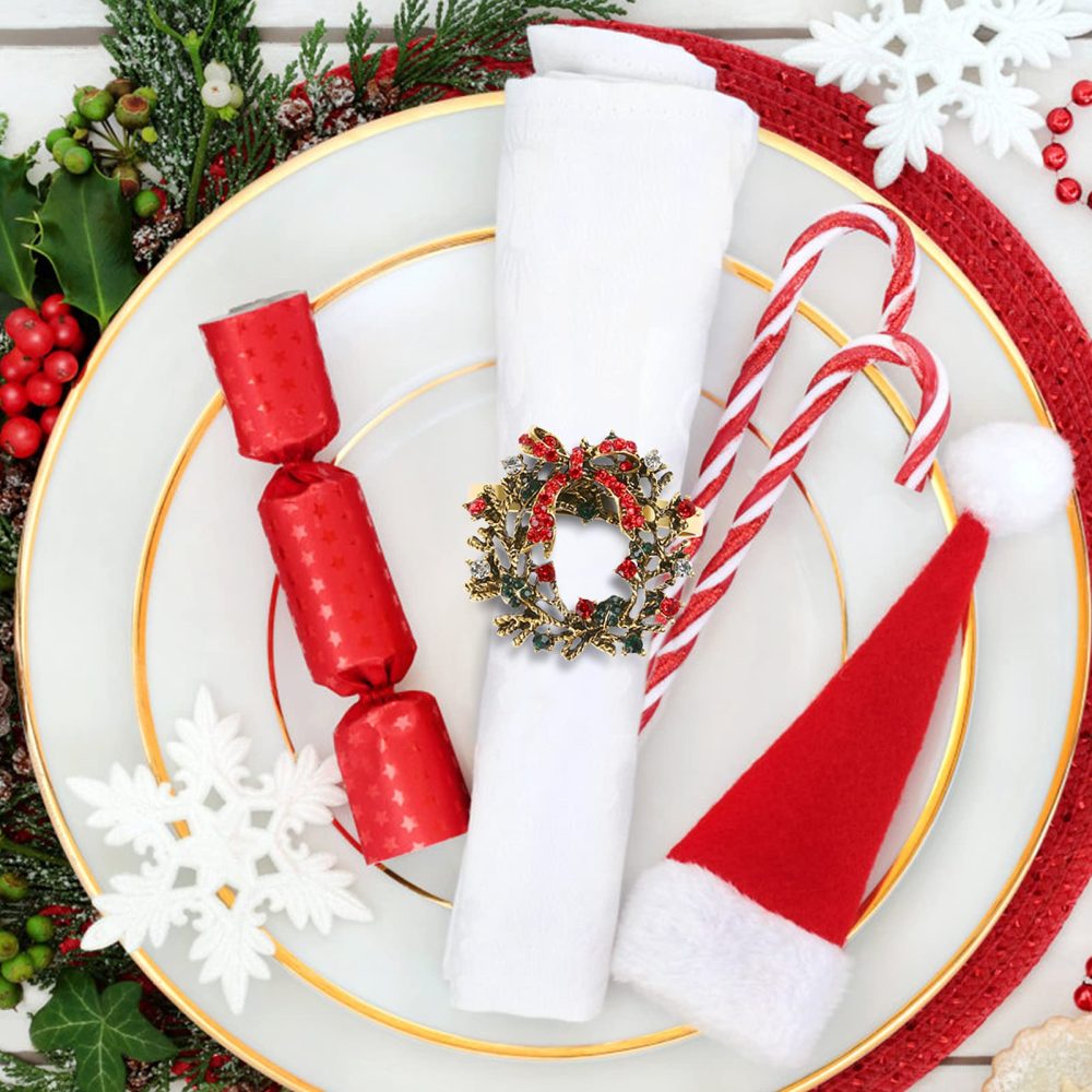 Kesote 6Pcs Christmas Wreath Napkin Rings, Christmas Themed Napkin Holder Napkin Buckles for Xmas Holiday Wedding Party Dinner Table Decoration - Image 3