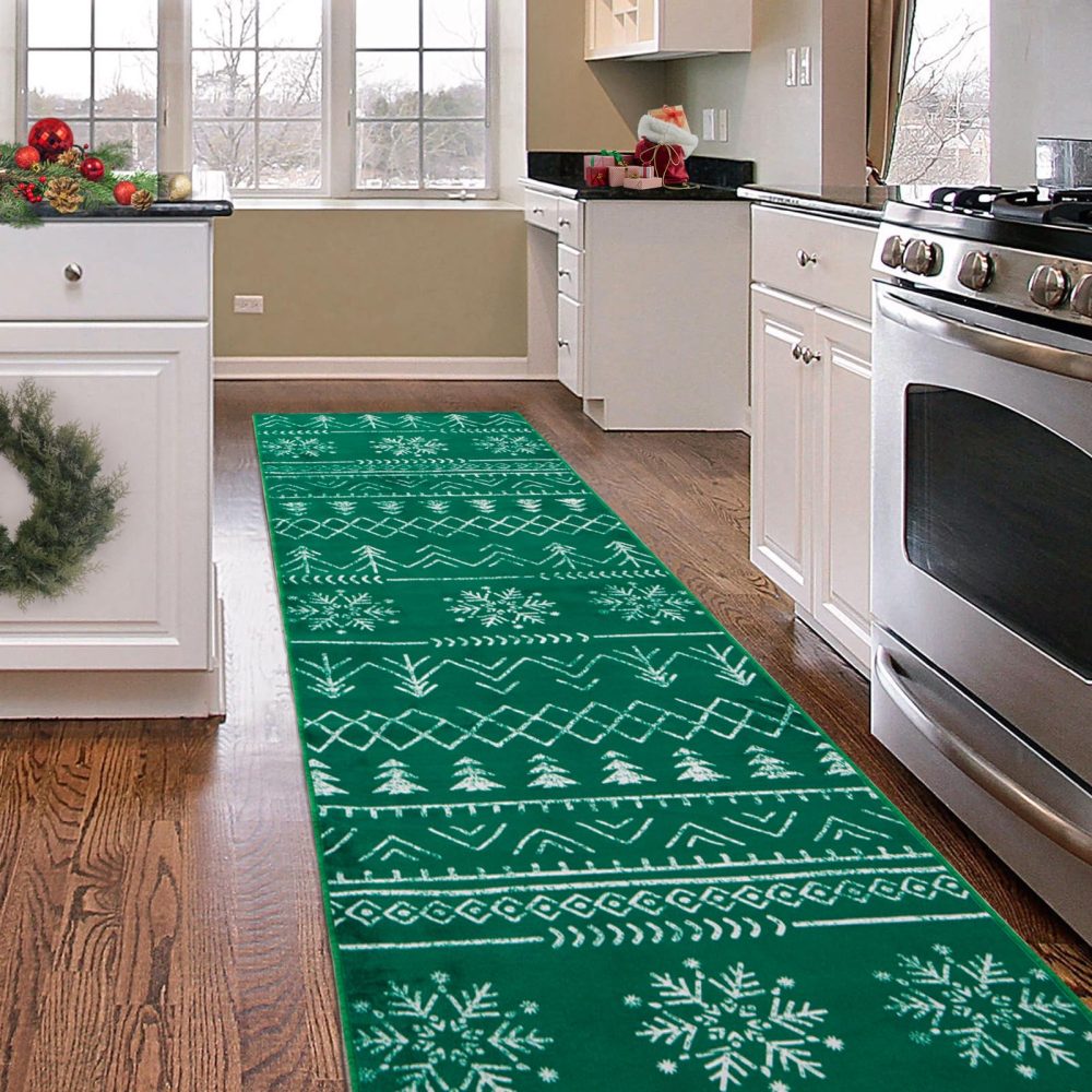 Carvapet Christmas Runner Rug for Hallway 60x300cm Soft Long Floor Carpet Runner Non Slip Washable Microfiber Snowflake Xmas Green Area Rug for Entryway Corridor Kitchen Laundry Room - Image 3