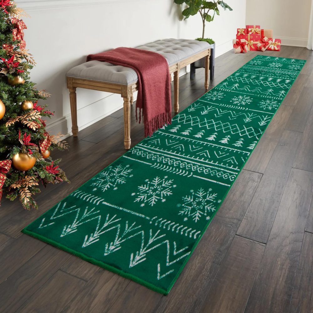 Carvapet Christmas Runner Rug for Hallway 60x300cm Soft Long Floor Carpet Runner Non Slip Washable Microfiber Snowflake Xmas Green Area Rug for Entryway Corridor Kitchen Laundry Room