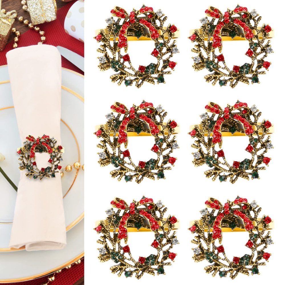 Kesote 6Pcs Christmas Wreath Napkin Rings, Christmas Themed Napkin Holder Napkin Buckles for Xmas Holiday Wedding Party Dinner Table Decoration