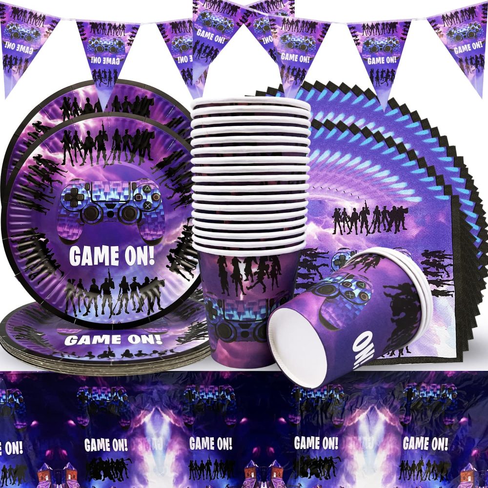 Game Party Supplies Tableware,Includes Video Game Party Plates Cups Napkins Tablecloths Banners Gamers Game Lovers Boys Party Birthday Decorations 20 Guests