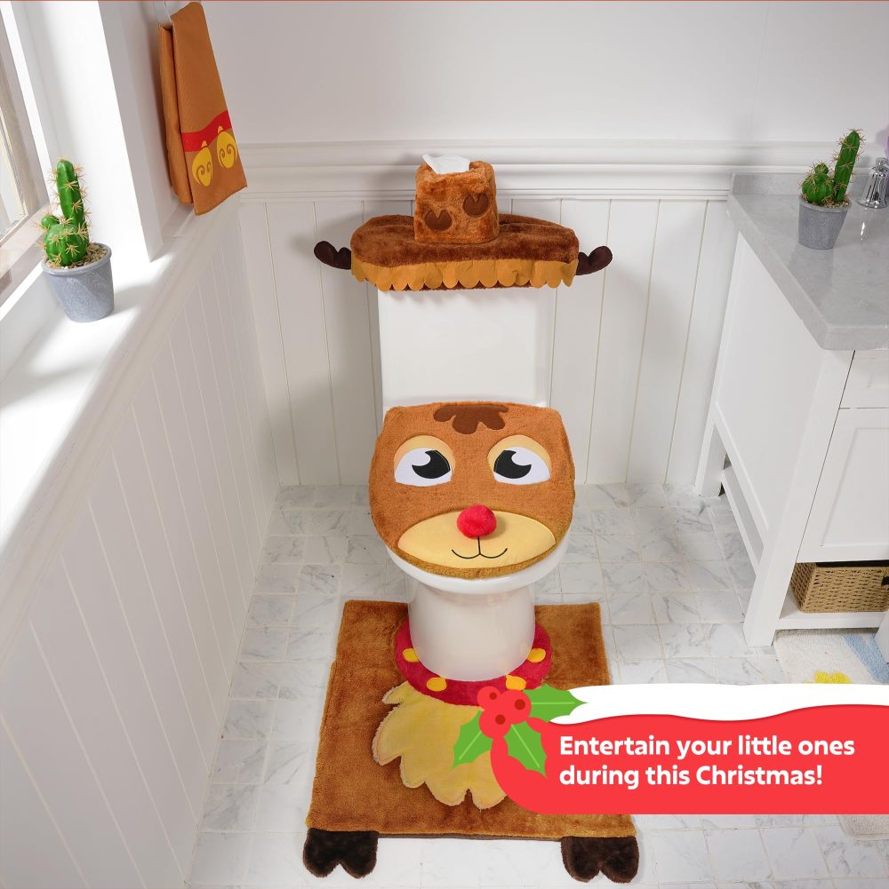 JOYIN 5 Pieces Christmas Reindeer Theme Bathroom Decoration Set w/Toilet Seat Cover, Rugs, Tank Cover, Toilet Paper Box Cover and Santa Towel for Xmas Indoor Décor, Party Favors - Image 6