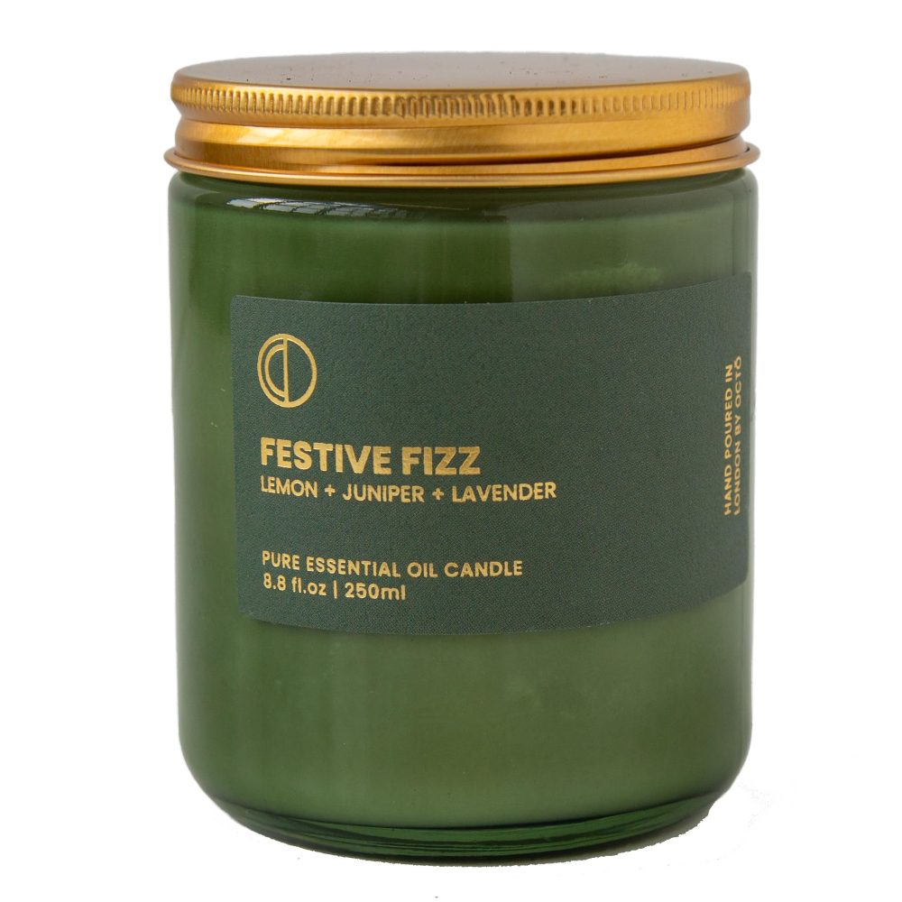 OCTŌ Candle ' Festive Fizz ' Candle | Lemon + Juniper + Lavender |Essential Oil Candle | Long Burning 100% Natural Candle up to 45 Hours | Christmas Candle