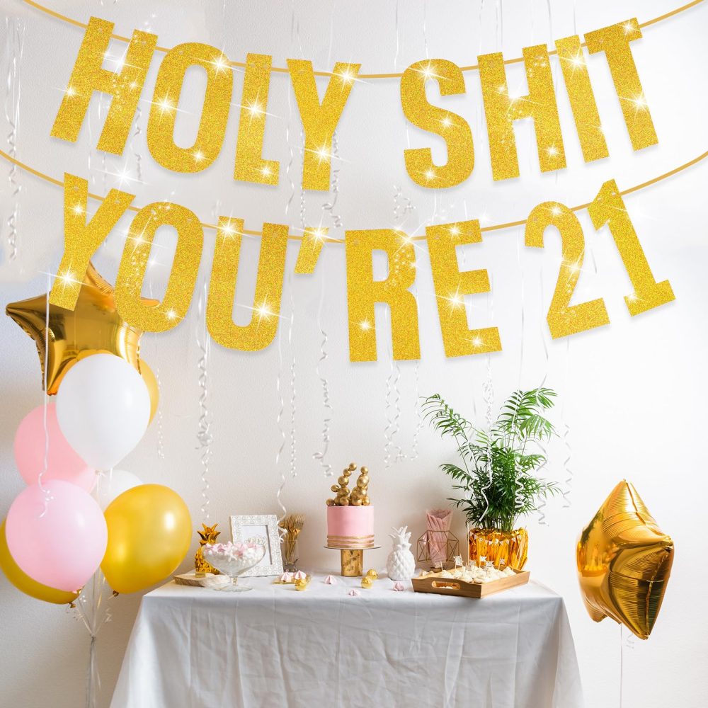 Happy 21th Birthday Banner, 21th Birthday Decorations Banner for Women Men Gold Glitter Banner Birthday Party Decor Sign Funny Party Supplies Holy Shit You're 21 Birthday Banner Party Decoration - Image 2