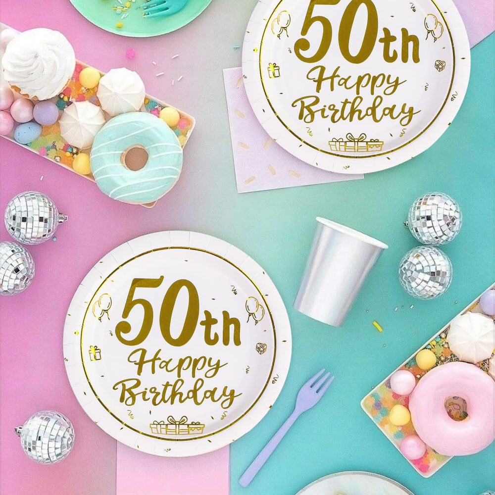 AHPYEUHK 50th Birthday Paper Plates 7" Party Dessert Plates 50 pcs White and Gold 50th Decorations Disposable Tableware Party Supplies - Image 5