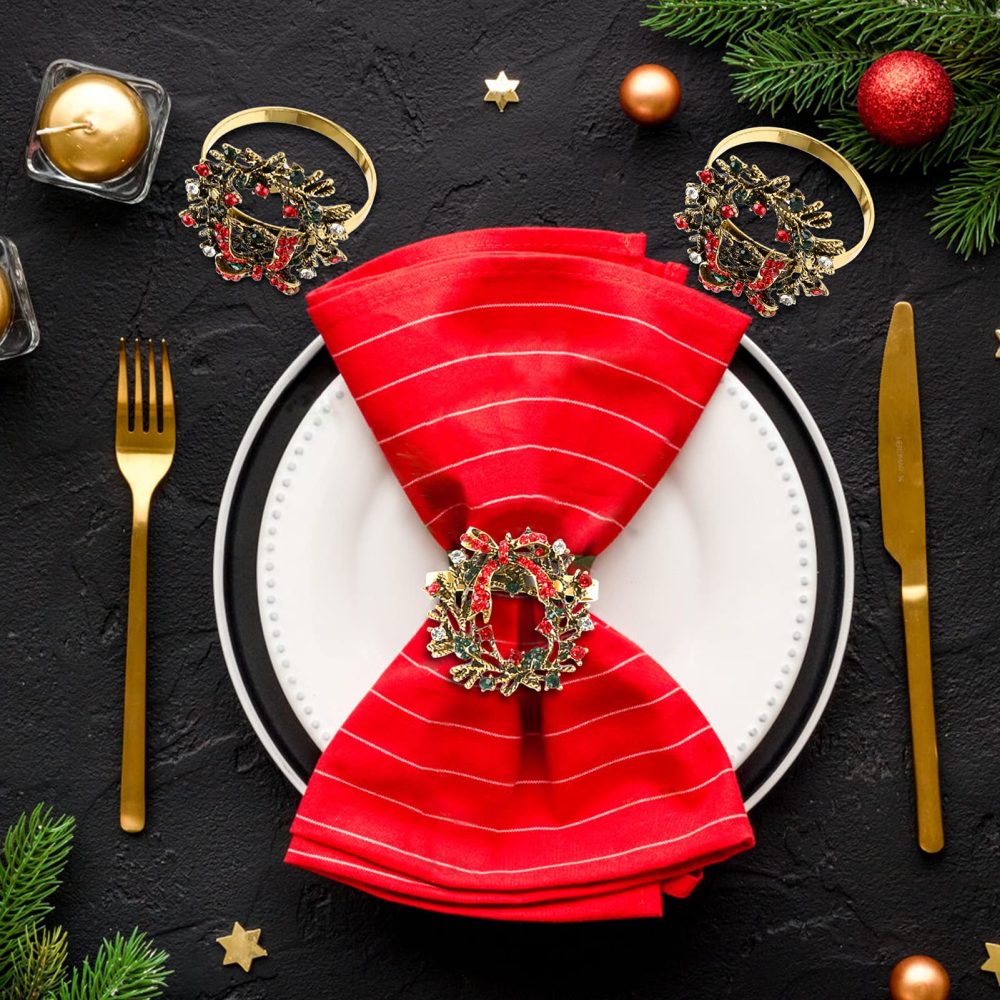 Kesote 6Pcs Christmas Wreath Napkin Rings, Christmas Themed Napkin Holder Napkin Buckles for Xmas Holiday Wedding Party Dinner Table Decoration - Image 2