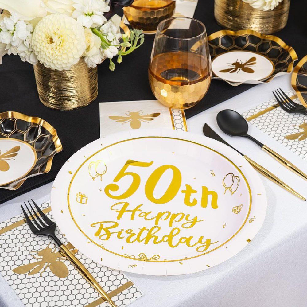 AHPYEUHK 50th Birthday Paper Plates 7" Party Dessert Plates 50 pcs White and Gold 50th Decorations Disposable Tableware Party Supplies - Image 2