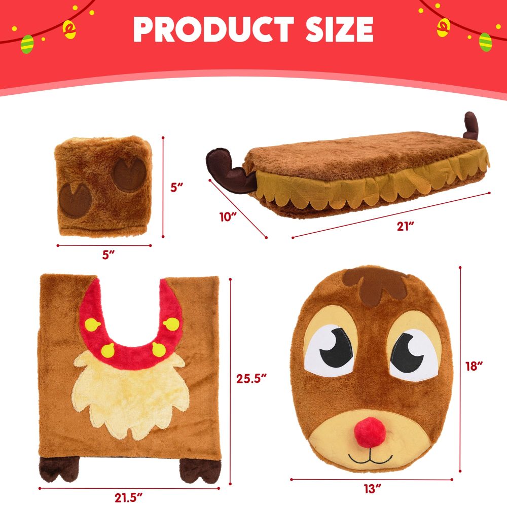 JOYIN 5 Pieces Christmas Reindeer Theme Bathroom Decoration Set w/Toilet Seat Cover, Rugs, Tank Cover, Toilet Paper Box Cover and Santa Towel for Xmas Indoor Décor, Party Favors - Image 9