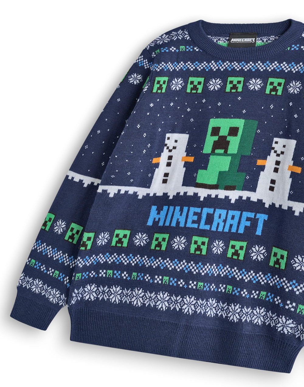 Minecraft Boys Christmas Jumper | Kids Creeper & Snow Golem Characters Graphic Knitted Sweater in Blue | Childrens Selburose Pattern Festive Jumper with Snowmen | Mojang Video Game Merchandise Gift - Image 3