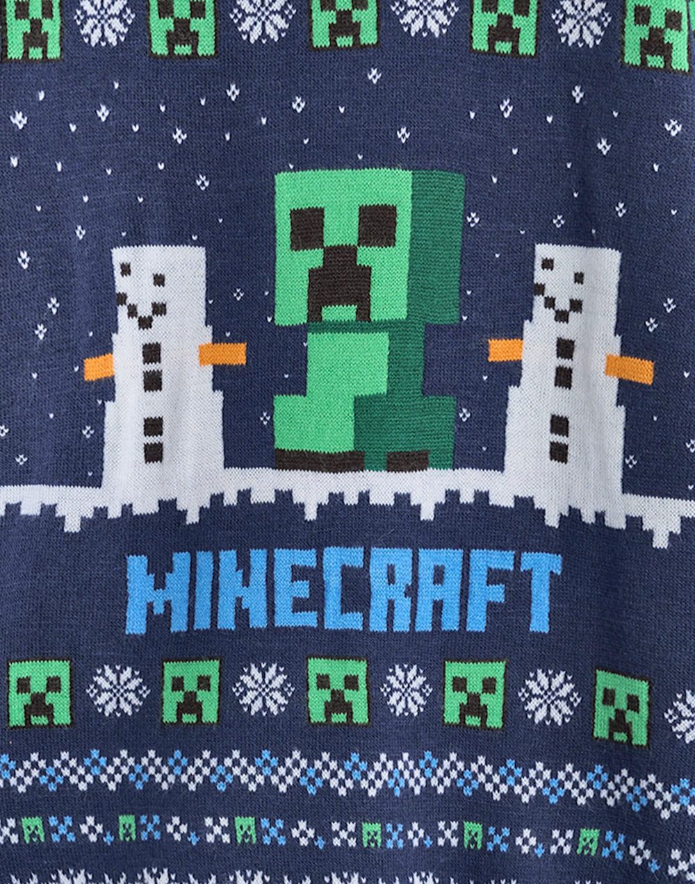 Minecraft Boys Christmas Jumper | Kids Creeper & Snow Golem Characters Graphic Knitted Sweater in Blue | Childrens Selburose Pattern Festive Jumper with Snowmen | Mojang Video Game Merchandise Gift - Image 2