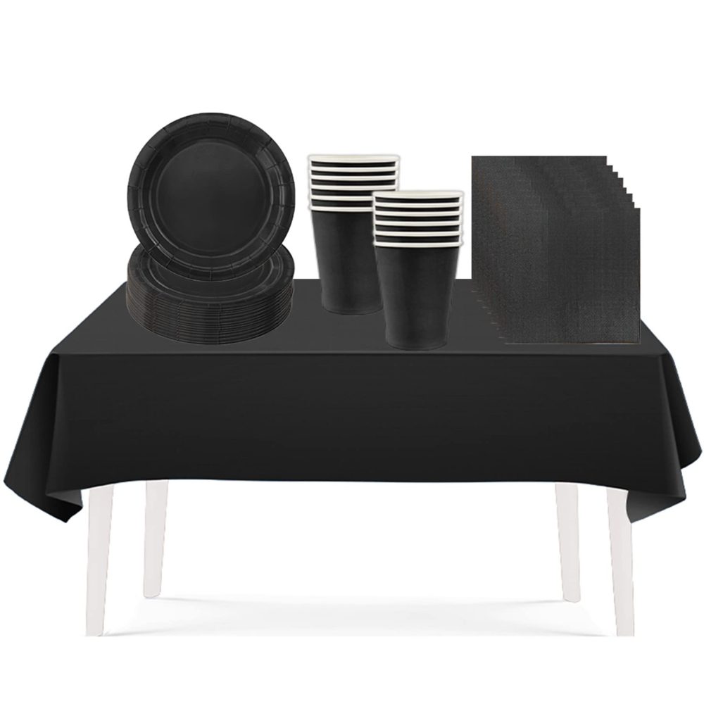 53PCS Midnight Black Party Tableware Decorations for Kids Birthday,Disposable Party Tableware Set Tablecloth Table Covers,7inch Paper Plates,Paper Napkins,Cups for Xmas Birthday Wedding Party Favor