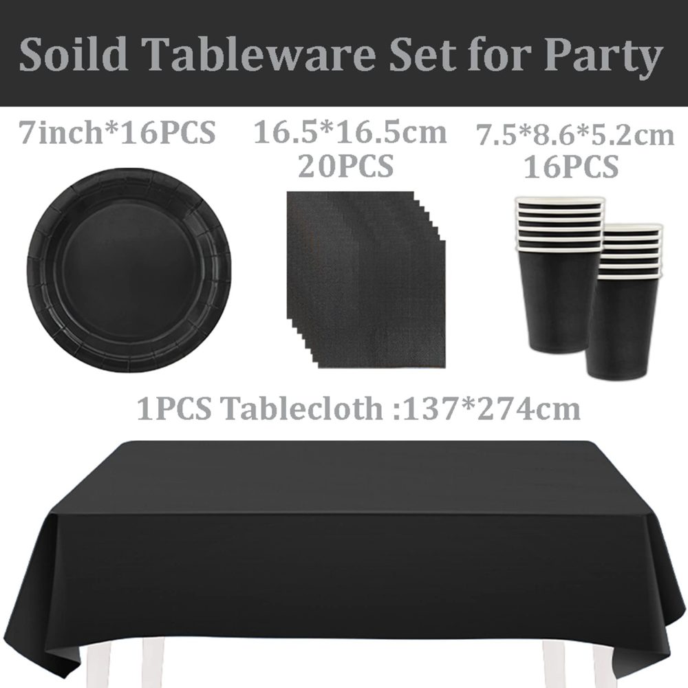 53PCS Midnight Black Party Tableware Decorations for Kids Birthday,Disposable Party Tableware Set Tablecloth Table Covers,7inch Paper Plates,Paper Napkins,Cups for Xmas Birthday Wedding Party Favor - Image 4