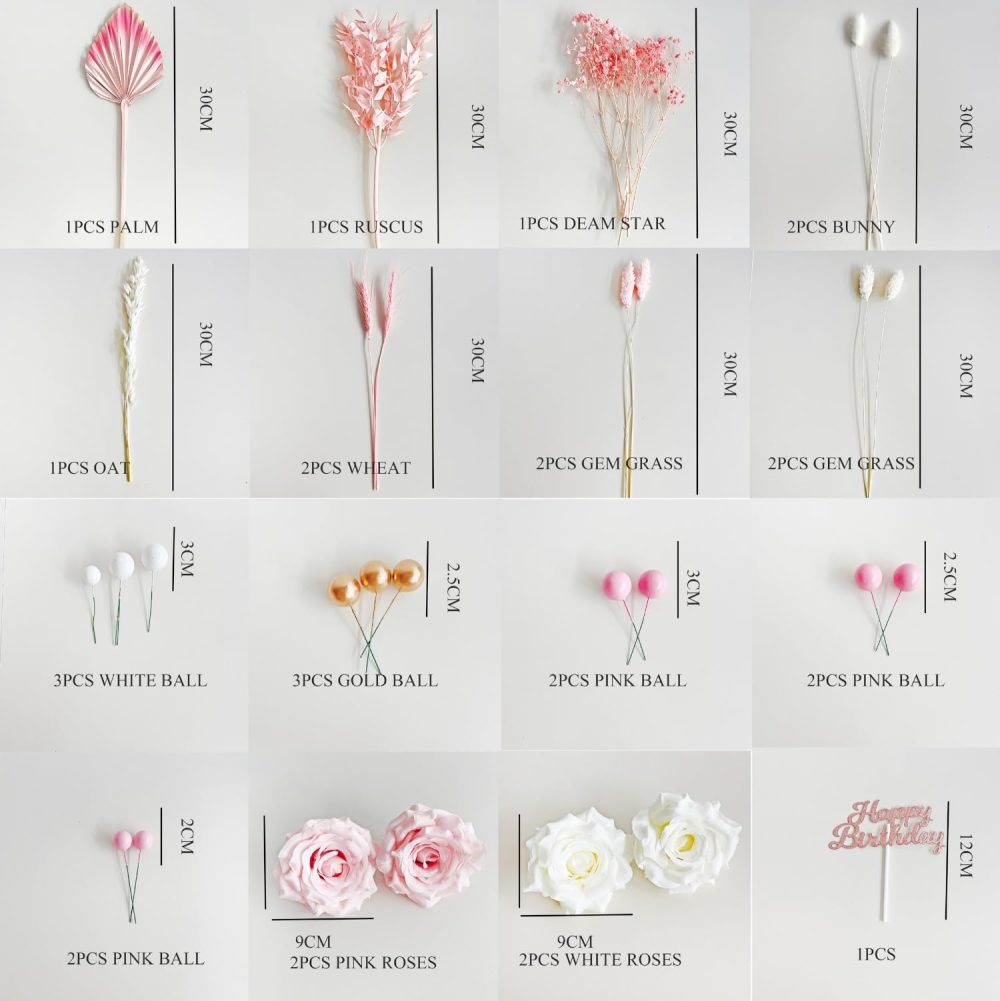 VELAFEE 29 Pcs Pink Cake Decorations Happy Birthday Cake Topper Pink Palm Cake Topper with White, Gold and Pink Cake Balls Dried Flower Cake Decorations for Pink Birthday Decorations and Boho Decor - Image 9