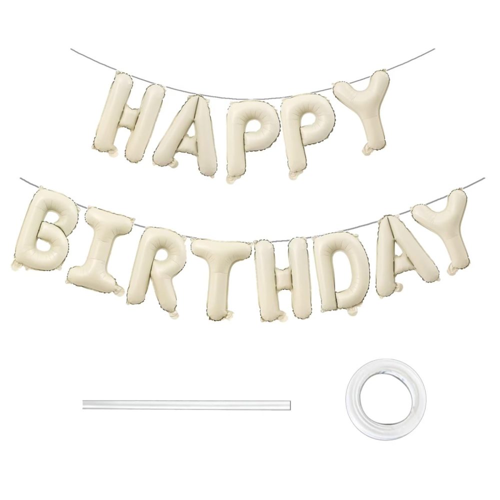 Cream Happy Birthday Balloons 16 Inch Beige Foil Letter Balloons Birthday Banner Letters Balloon with Straw Ribbon Reusable for Kids Men Women Happy Birthday Party Decorations Supplies