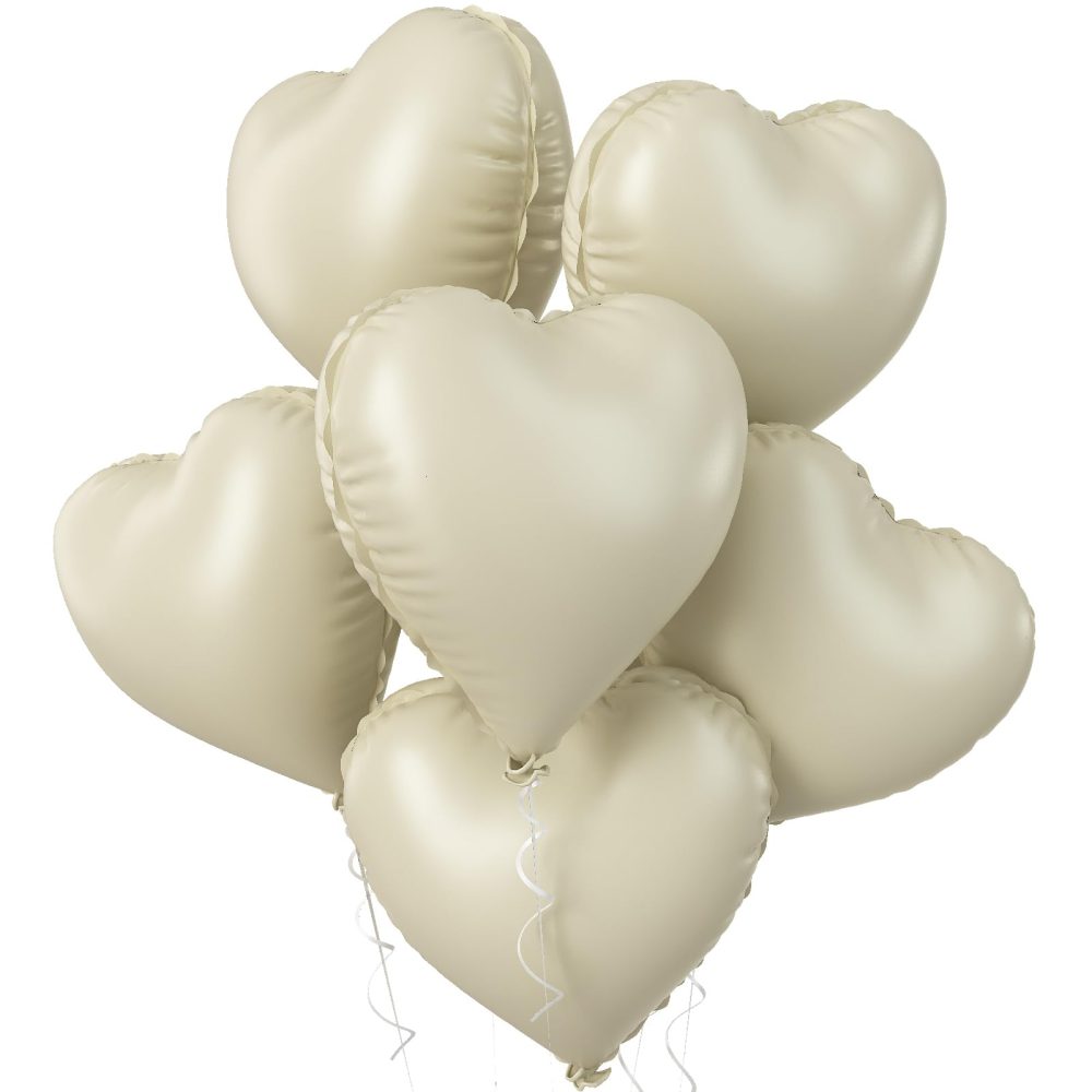 Biapian Cream Heart Balloons, 5 Pcs Cream White Heart Shape Balloons, 18inch Beige Valentine Foil Balloons for Helium Nude Neutral Love Balloon for Valentines Day, Wedding, Brithday Party Decorations