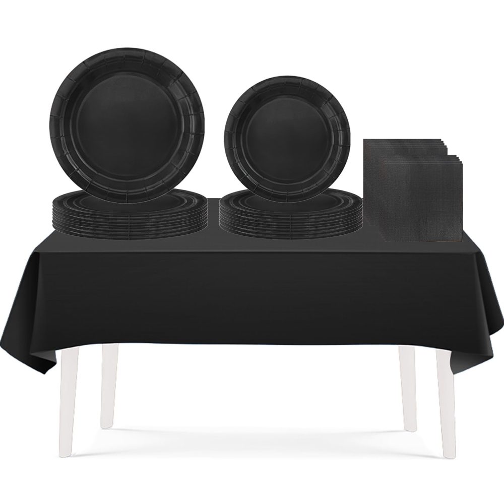 53PCS Midnight Black Party Tableware Decorations for Kids Birthday,Disposable Party Tableware Set Tablecloth Table Covers,7inch&9inch Paper Plates,Paper Napkins for Xmas Birthday Wedding Party Favor