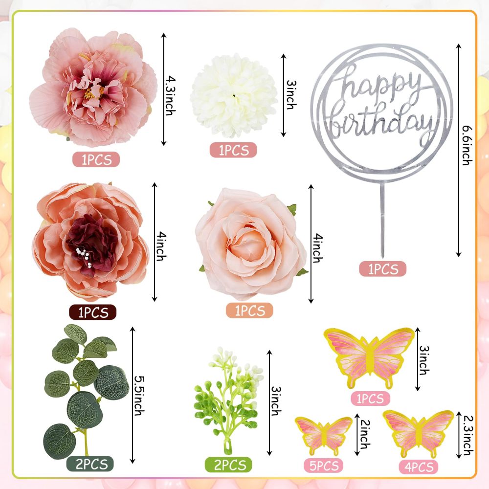 LACGO 19PCS Pink Flowers Cake Toppers Flowers Butterfly Cake Decoration Happy Birthday Cake Decorations with Artificial Floral Eucalyptus for Birthday Party Wedding Baby Shower - Image 6