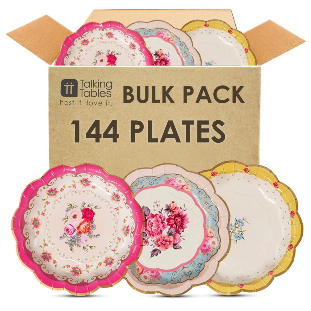 Talking Tables 144 x Strong Floral Paper Plates Bulk Pack for Afternoon Tea Party, Truly Scrumptious Table Decorations, Disposable Dishes Tableware Birthday, Mother's Day, Baby Shower Pink Yellow