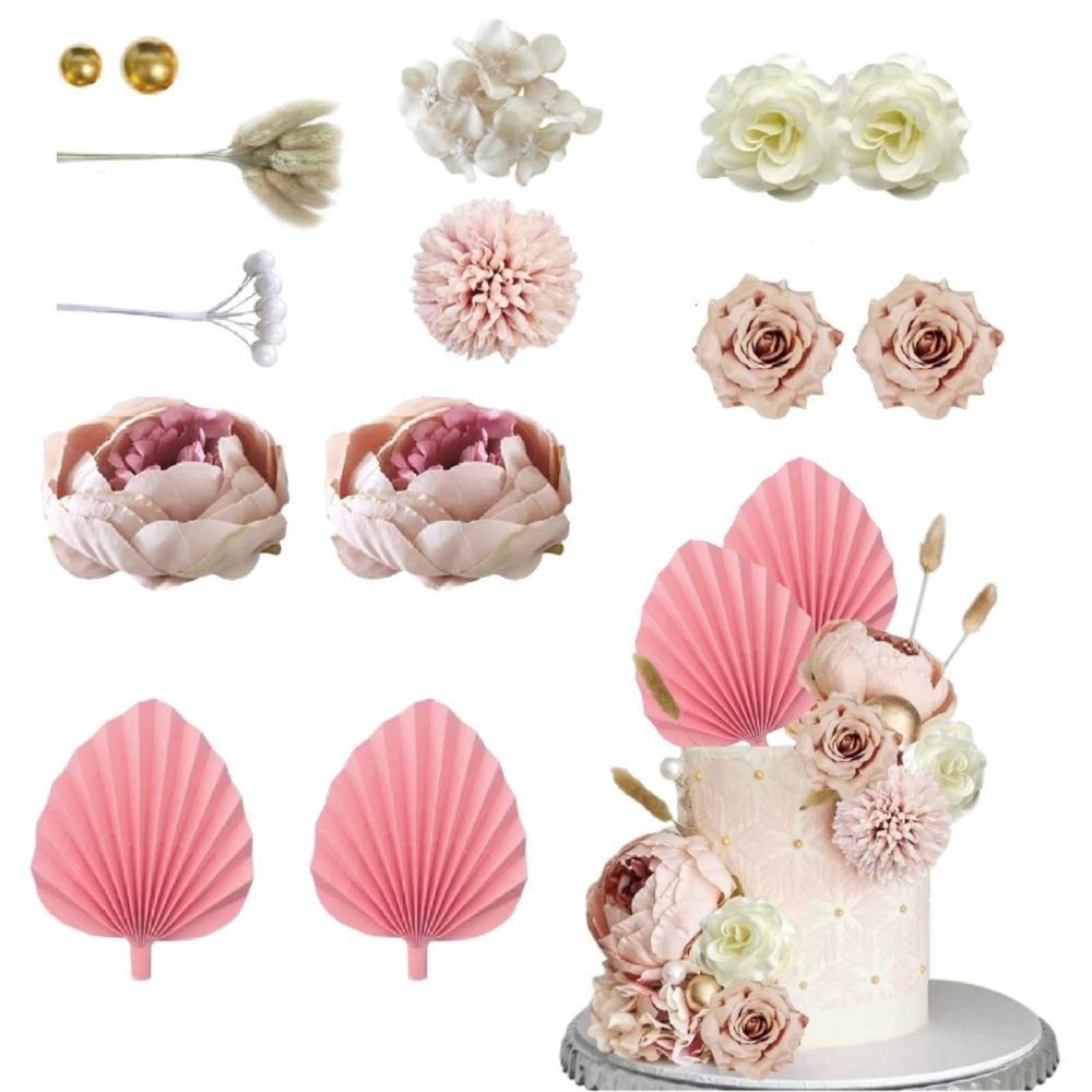 Risipu 14 PCS Boho Cake Decorations - Elegant Flower Toppers for Bohemian Weddings, Birthdays, and Celebrations (khaki)