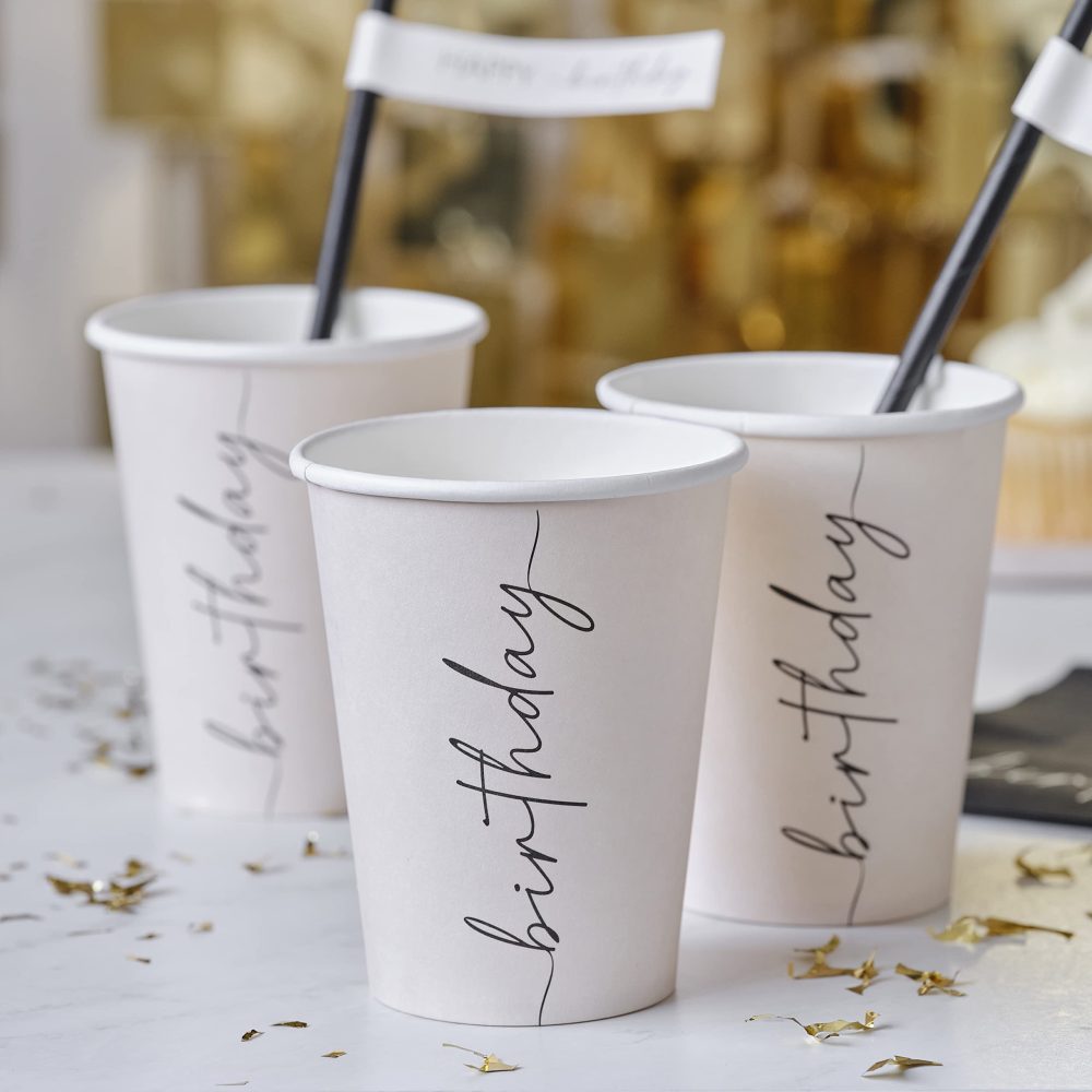 Ginger Ray Nude and Black Happy Birthday Paper Party Cups Pack of 8