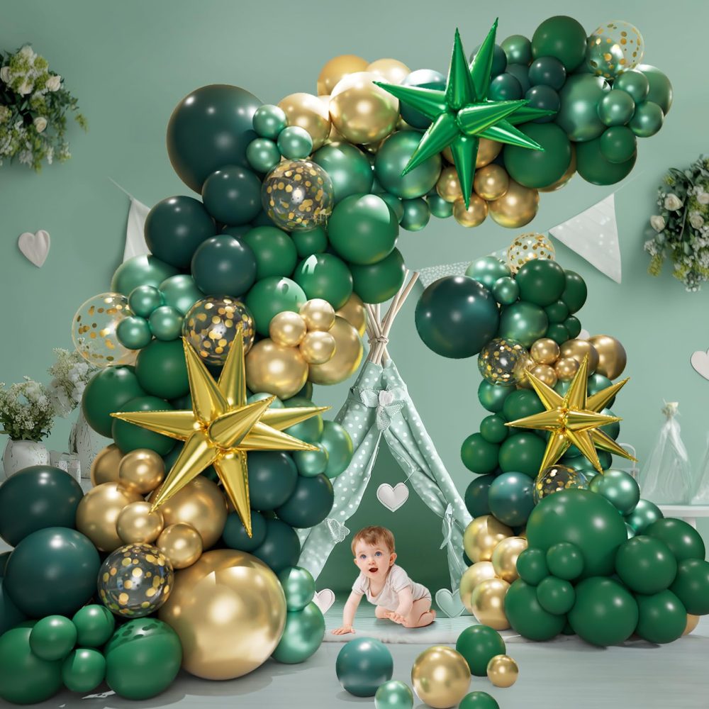 Green and Gold Balloon Garland Arch Kit with Explosion Star Foil Balloons,Gold Dark Metallic Green Confetti Latex Balloons for Graduation Birthday Anniversary Safari Party Decoration Supplies - Image 6