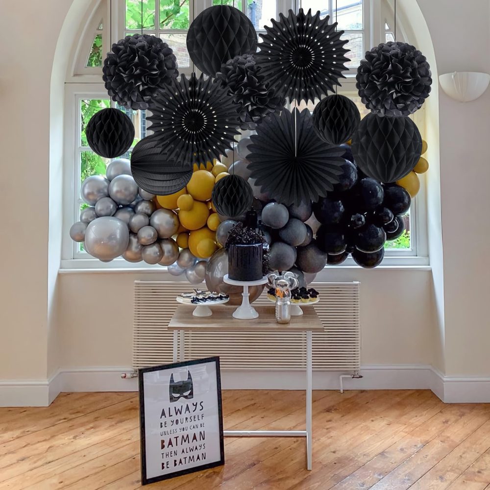 EASY JOY Wedding Decorations Black Tissue Paper Pom Poms Paper Fans Paper Lanterns Paper Honeycomb Balls Black for Birthday Graduation Party Hanging Decorations pom pom Decorations Black - Image 2