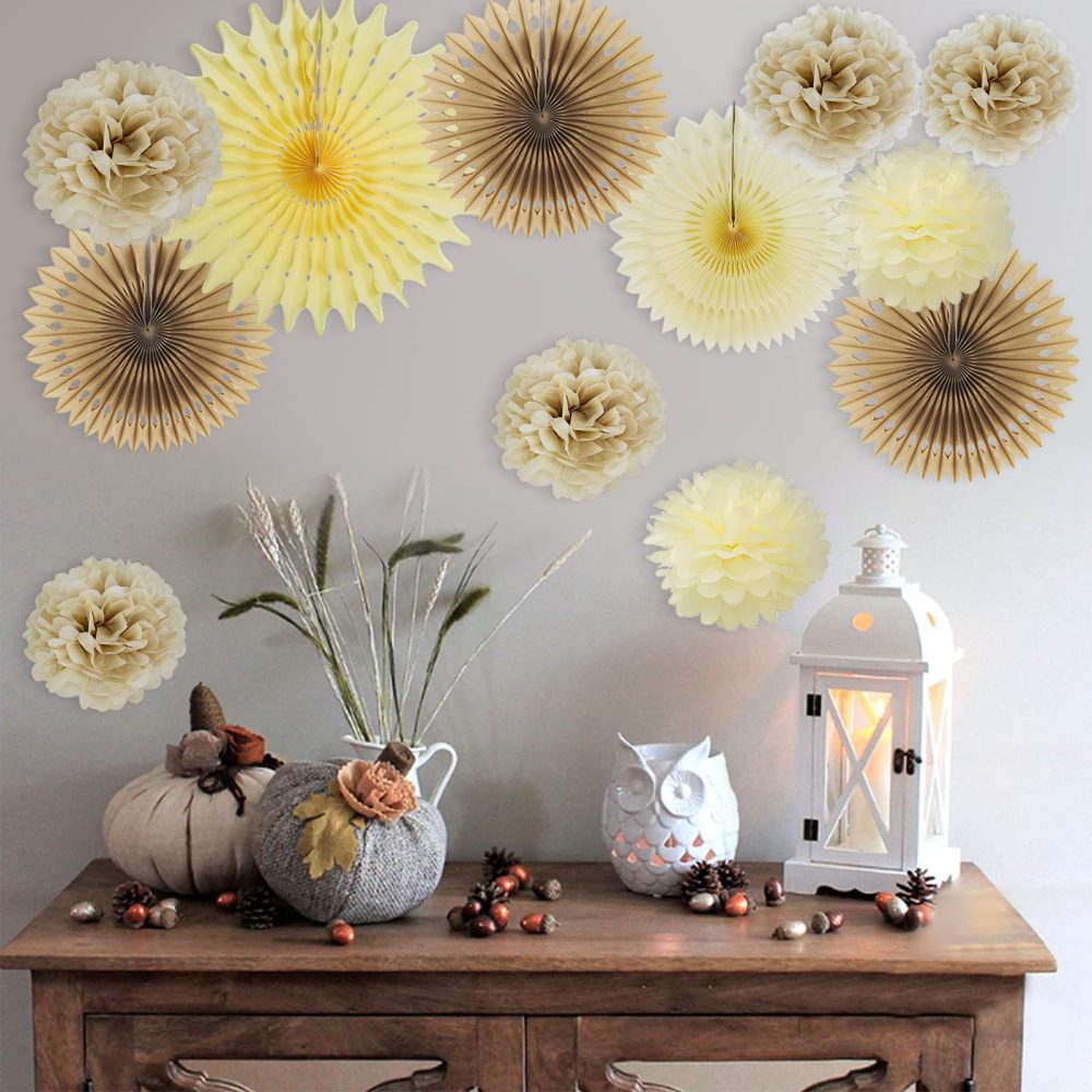 Easy Joy Brown Birthday Party Decorations Rustic Paper Natural Birthday Decorations Hanging Tissue Paper Pom Poms Paper Fans Boho Birthday Decorations for Women - Image 5