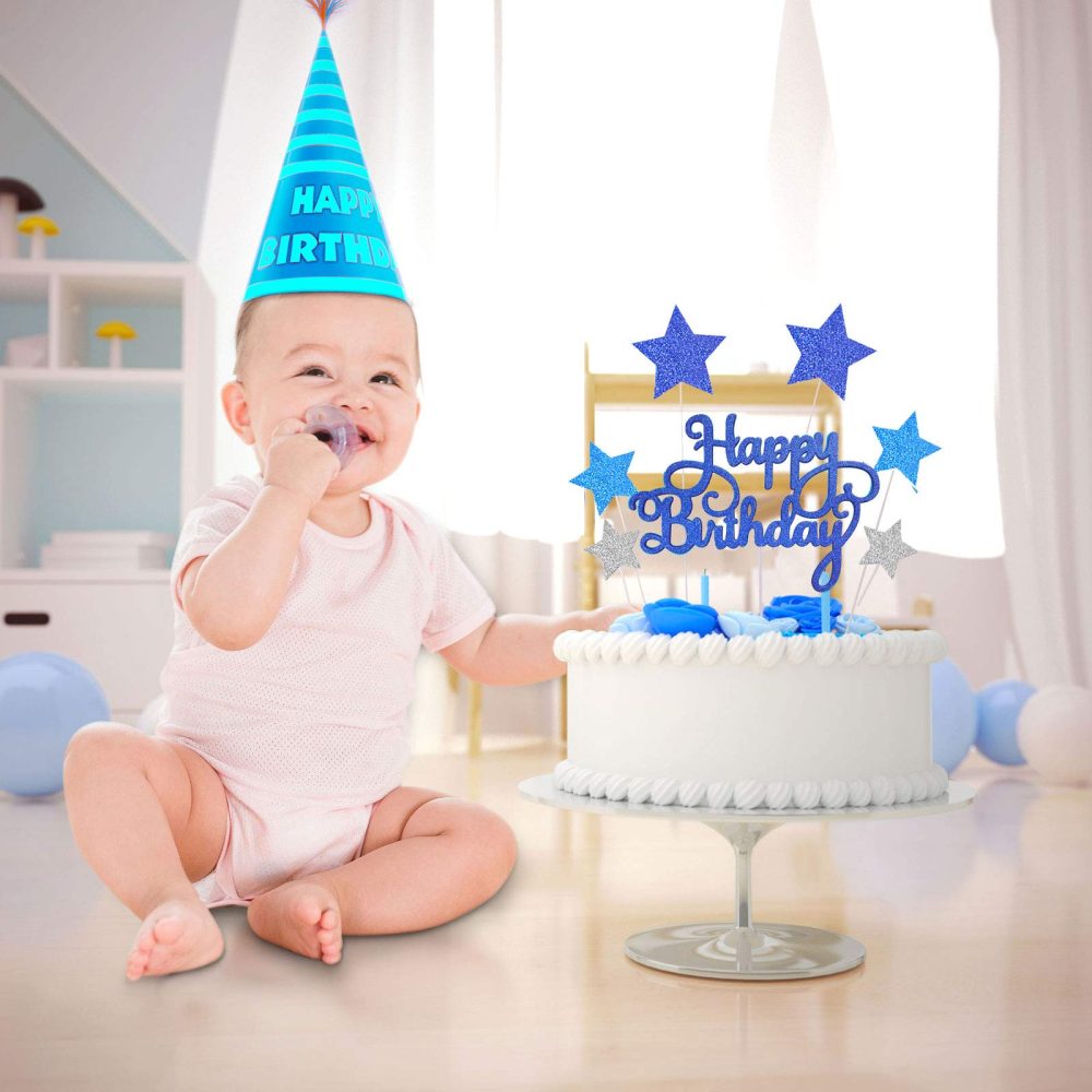 VAINECHAY Birthday Cake Decorations Happy Birthday Cake Toppers for Boy Men Girl Women Kids Blue Star Cupcake Decoration Baby Shower Party Silver - Image 6